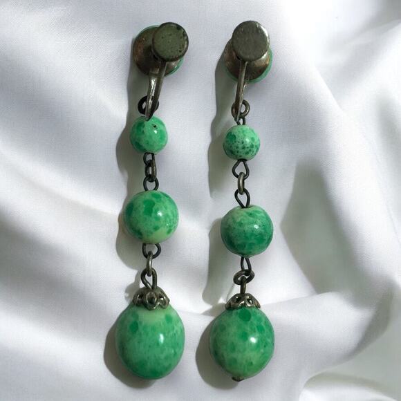 Antique Art Deco Peking Glass Balls Dangle Screwback Earrings - Picture 2 of 2